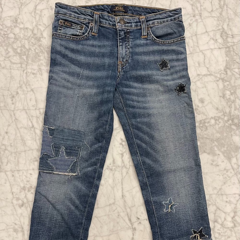 Polo Ralph Lauren Girls Blue Waverly Straight Star Patch Raw Hem Jeans Size 12